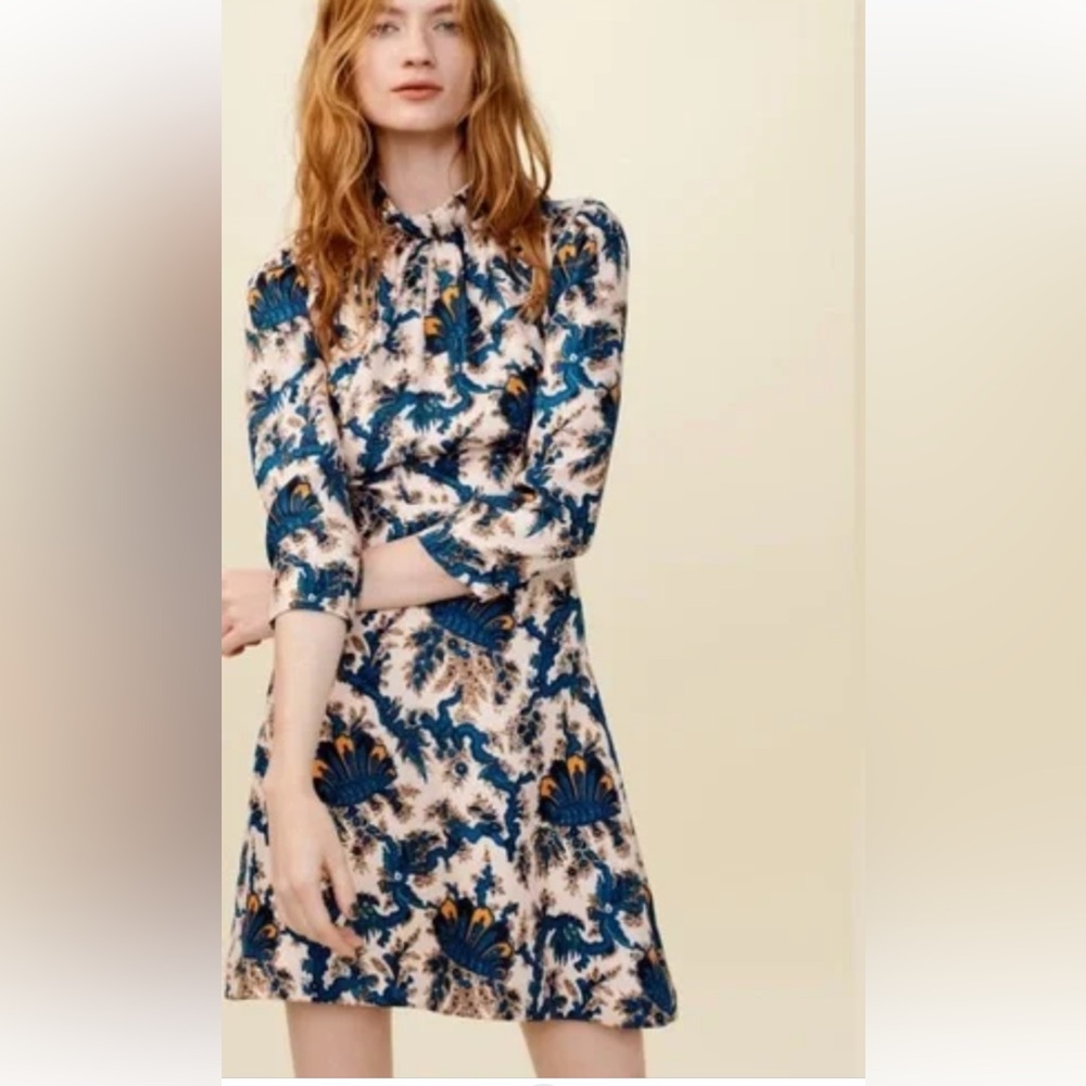Sandro Blue and Orange Floral Long Sleeve Dress